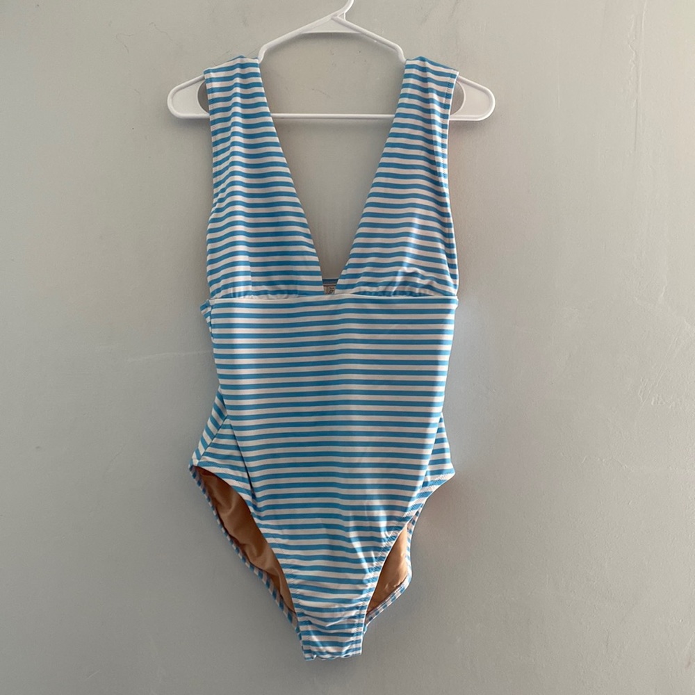 J. Crew One Piece Swimsuit Blue Stripe Plunge V-Neck Size Large - Picture 4 of 9